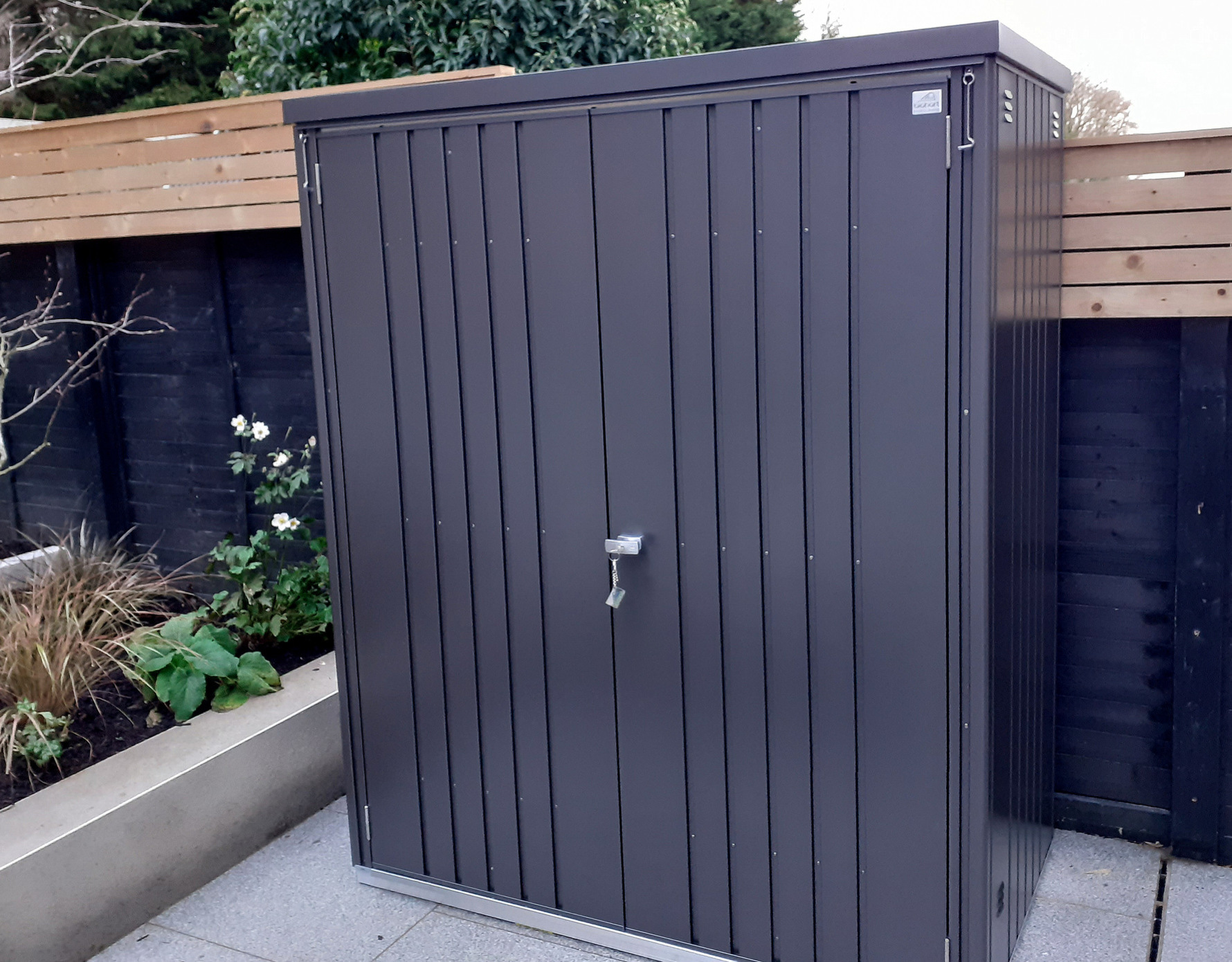 Biohort Equipment Locker 150 in metallic dark grey, supplied + fitted in Castleknock, Dublin 15 | Stylish, Versatile, Secure & Rainproof Patio Storage Solutions | FREE Fitting