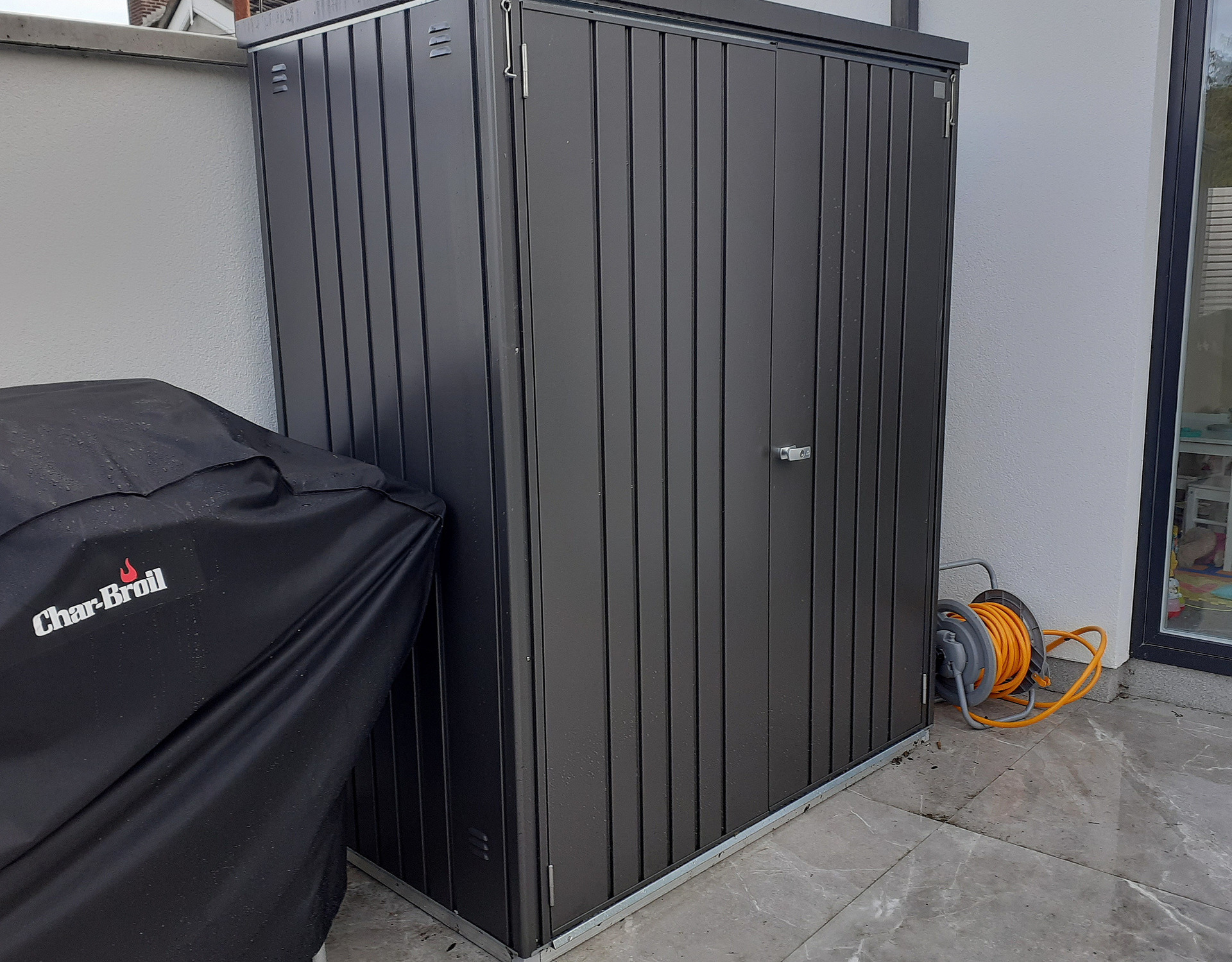 Biohort Equipment Locker 150 in metallic dark grey, supplied + fitted in Goatstown, Dublin 18 | Stylish, Versatile, Secure & Rainproof Patio Storage Solutions | FREE Fitting