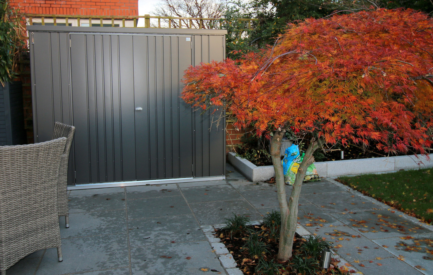 The superb quality and style of the Biohort Equipment Locker 230 in metallic dark grey  with optional accessories including aluminium floor frame, aluminium floor panels | supplied + installed in Rathgar, Dublin 6 by Owen Chubb Landscapers. Tel 087-2306 128.