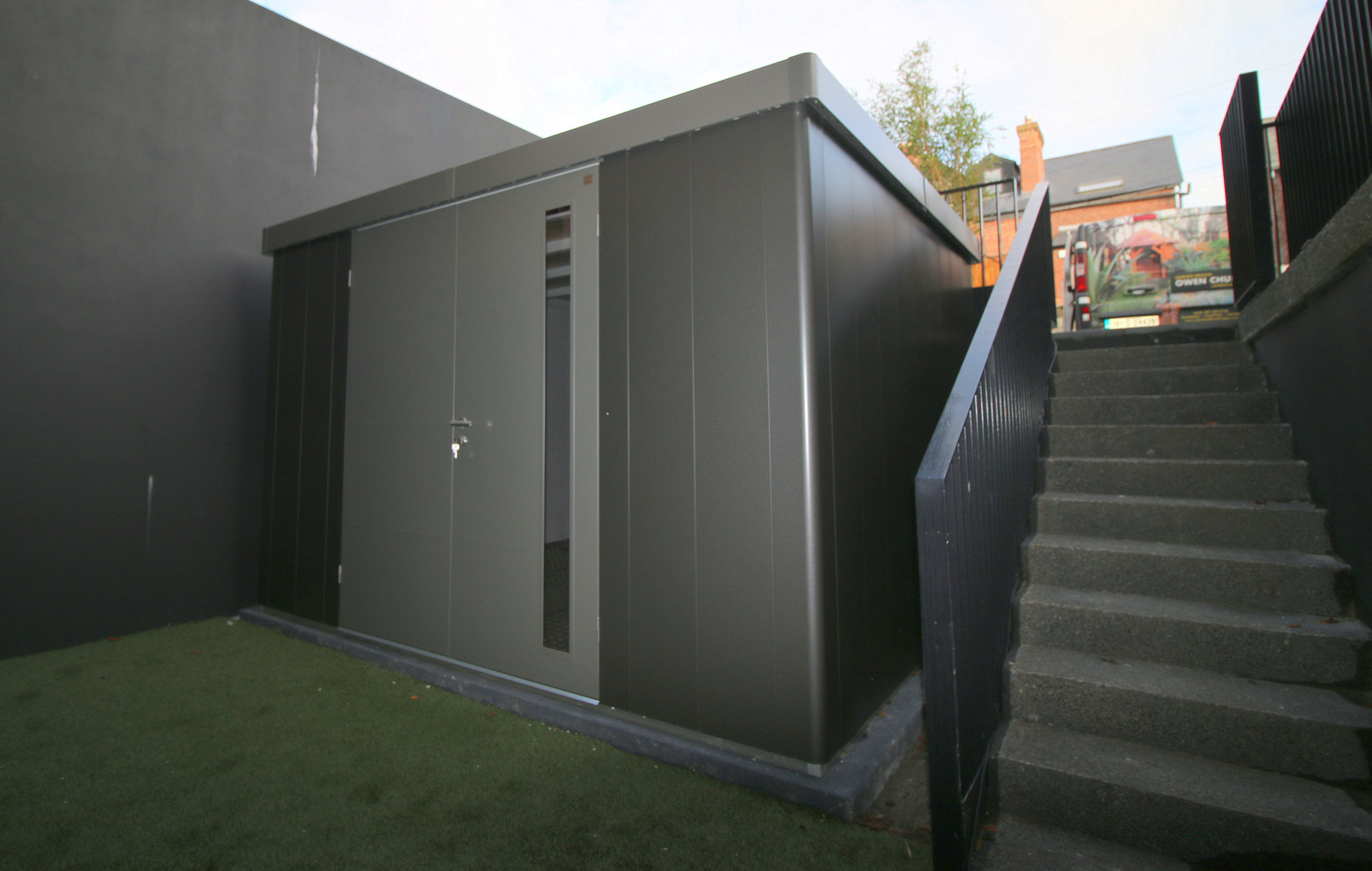 Biohort Neo Garden Shed, Size 3D in metallic dark grey (door & roof finished in quartz grey)  - supplied + fitted in Donnybrook, Dublin 4 by Owen Chubb Landscapers