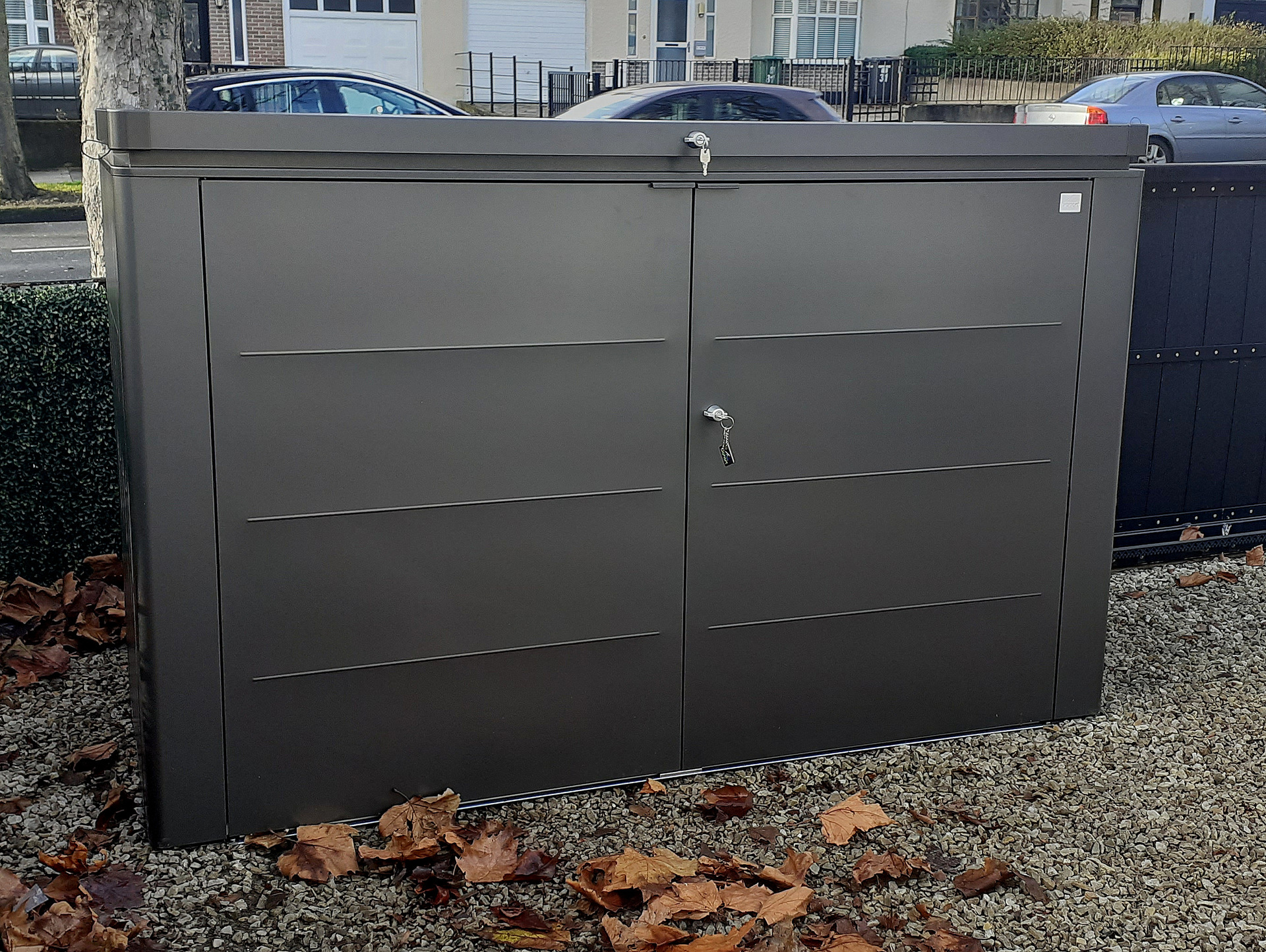 Biohort HighBoard 200 Wheelie Bin Storage Unit in metallic dark grey, supplied + fitted in Glasnevin, Dublin 9 | Owen Chubb Garden Landscapers