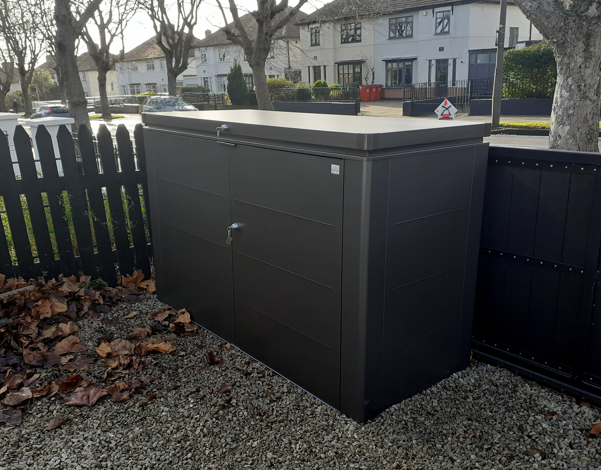 Biohort HighBoard 200 Wheelie Bin Storage Unit in metallic dark grey, supplied + fitted in Glasnevin, Dublin 9 | Owen Chubb Garden Landscapers