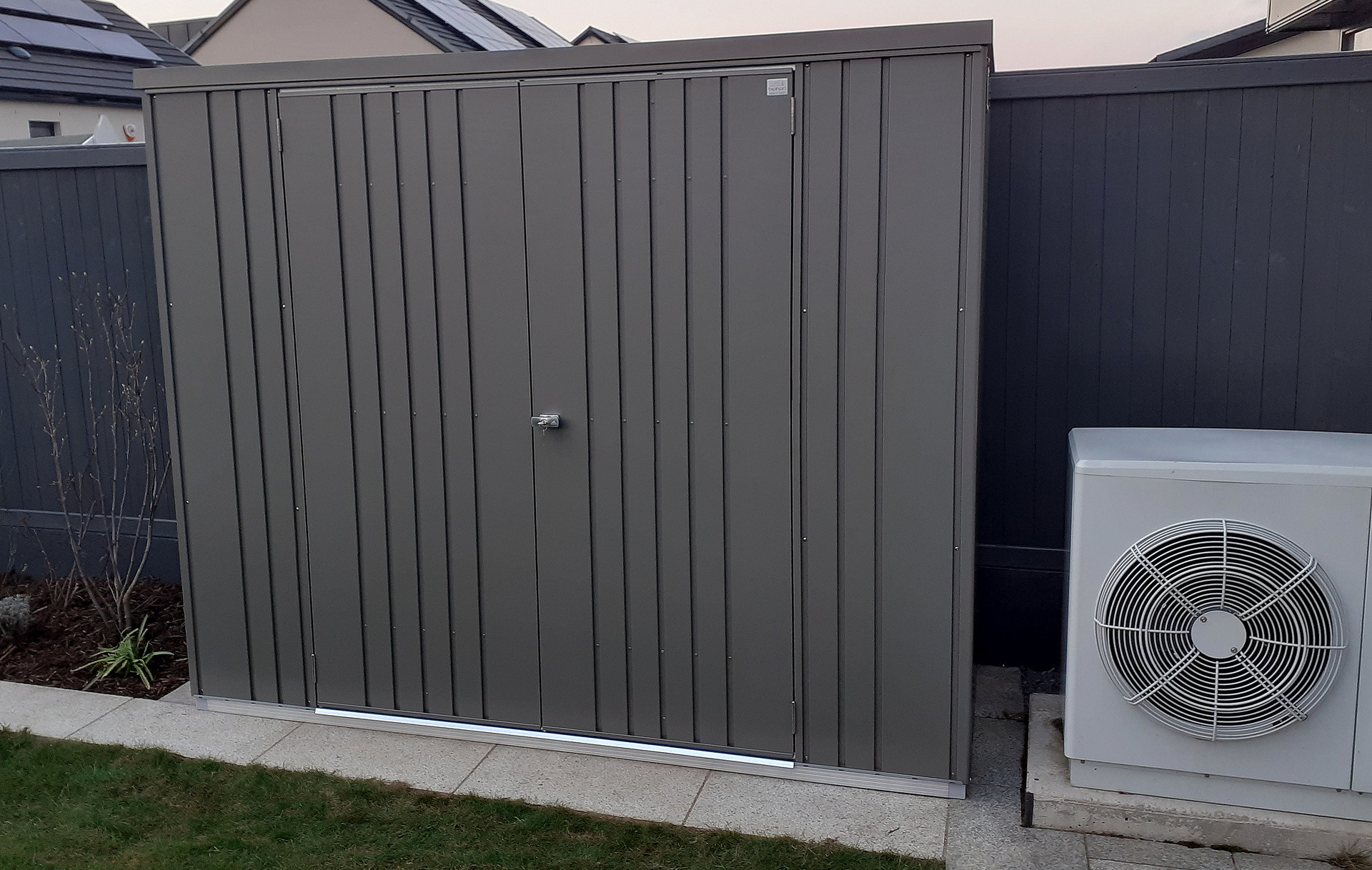 The superb quality and style of the Biohort Equipment Locker 230 in metallic quartz grey  | supplied + installed in Carrickmines, Dublin 18  by Owen Chubb Landscapers. Ireland's # 1 Biohort Dealer and Biohort Certified Installation Partner. Tel 087-2306 128.