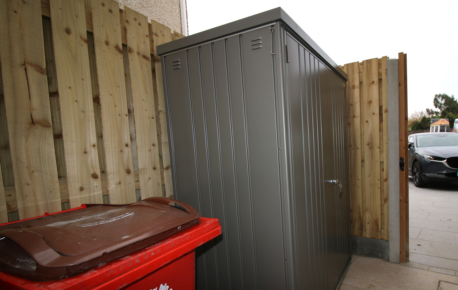 The superb quality and style of the Biohort Equipment Locker 150 in metallic quartz grey  | supplied + installed in Beaumont, Dublin 9 by Owen Chubb Landscapers. Ireland's # 1 Biohort Dealer and Biohort Certified Installation Partner. Tel 087-2306 128.