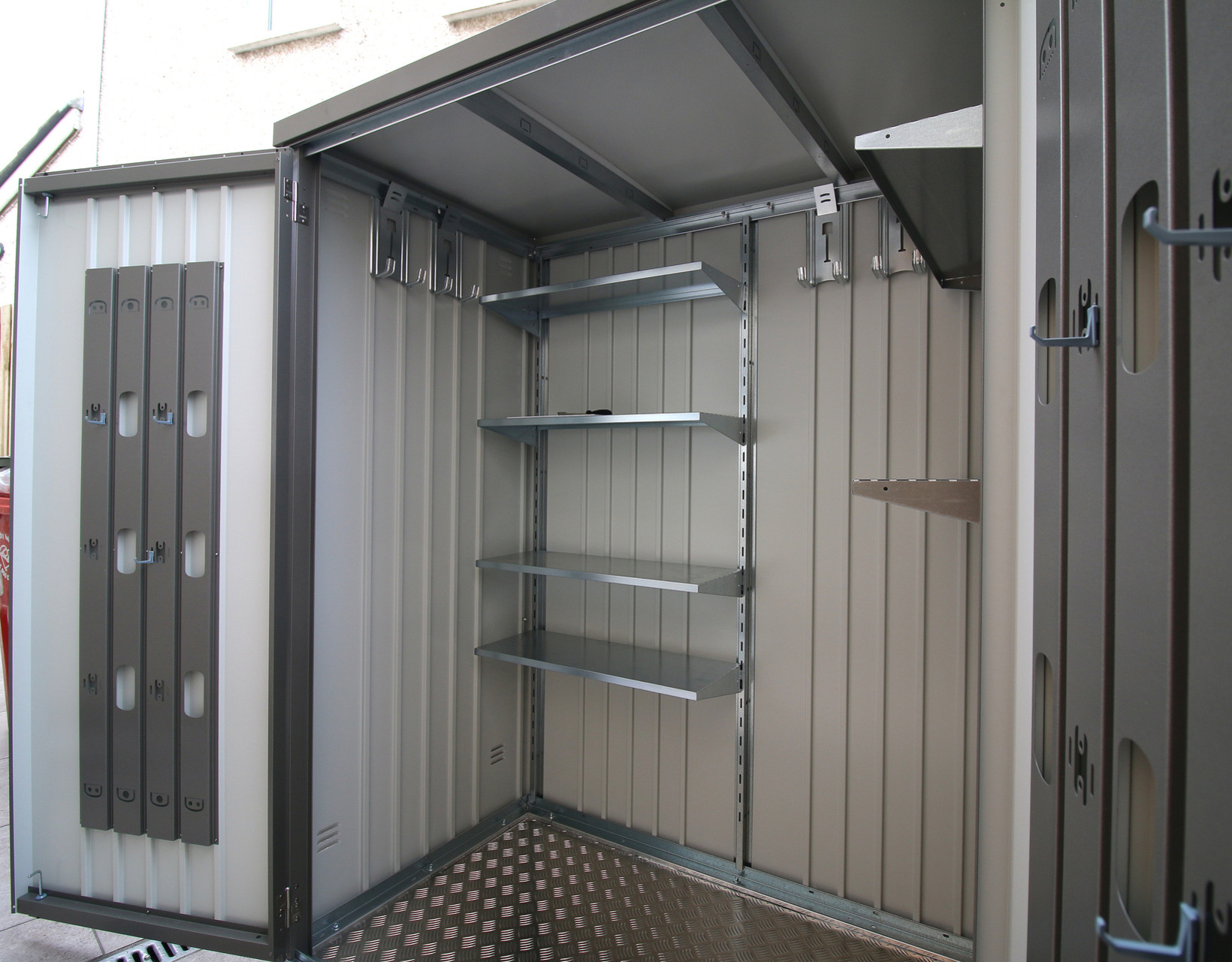 The spacious storage capacity of the Biohort Equipment Locker 150 in metallic quartz grey, supplied + fitted in Beaumont, Dublin 9 | Stylish, Versatile, Secure & Rainproof Patio Storage Solutions | FREE Fitting