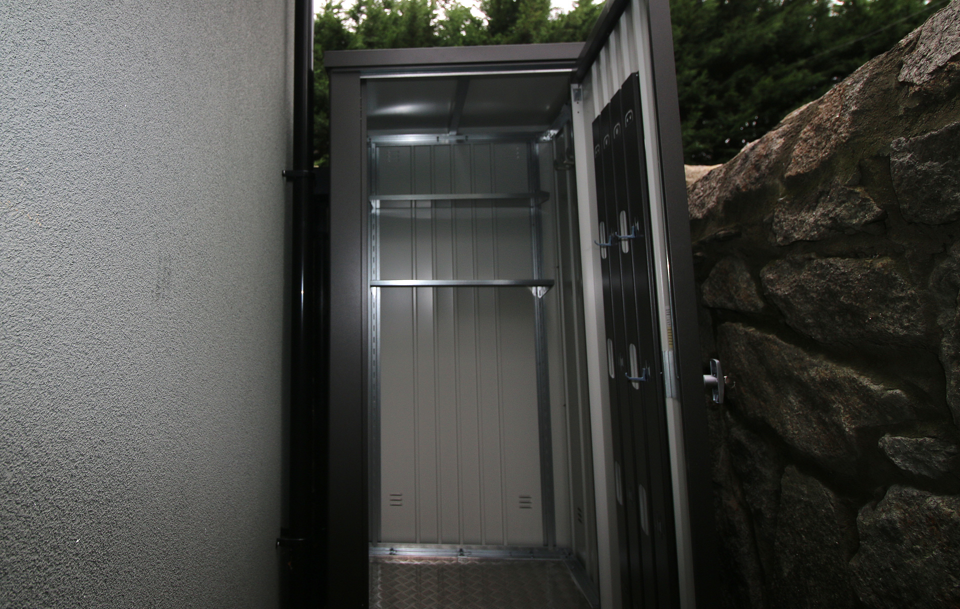 The superb quality and style of the Biohort Equipment Locker 90 in metallic dark grey  | supplied + installed in Dalkey, Co Dublin  by Owen Chubb Landscapers. Ireland's # 1 Biohort Dealer and Biohort Certified Installation Partner. Tel 087-2306 128.