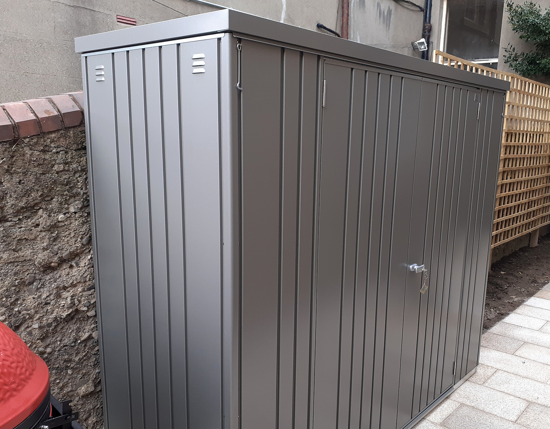 Biohort Equipment Locker 230 in metallic quartz grey, supplied + fitted in Rathgar, Dublin 6  | Stylish, Versatile, Secure & Rainproof Garden Storage Solution