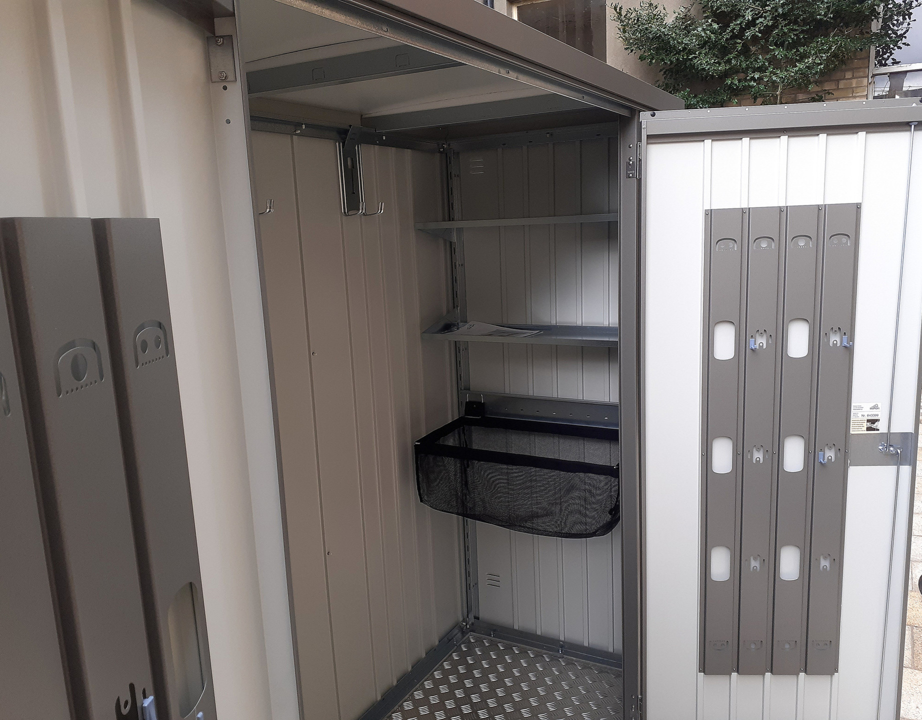 Biohort Equipment Locker 230 in metallic quartz grey, supplied + fitted in Rathgar, Dublin 6  | Stylish, Versatile, Secure & Rainproof Garden Storage Solution