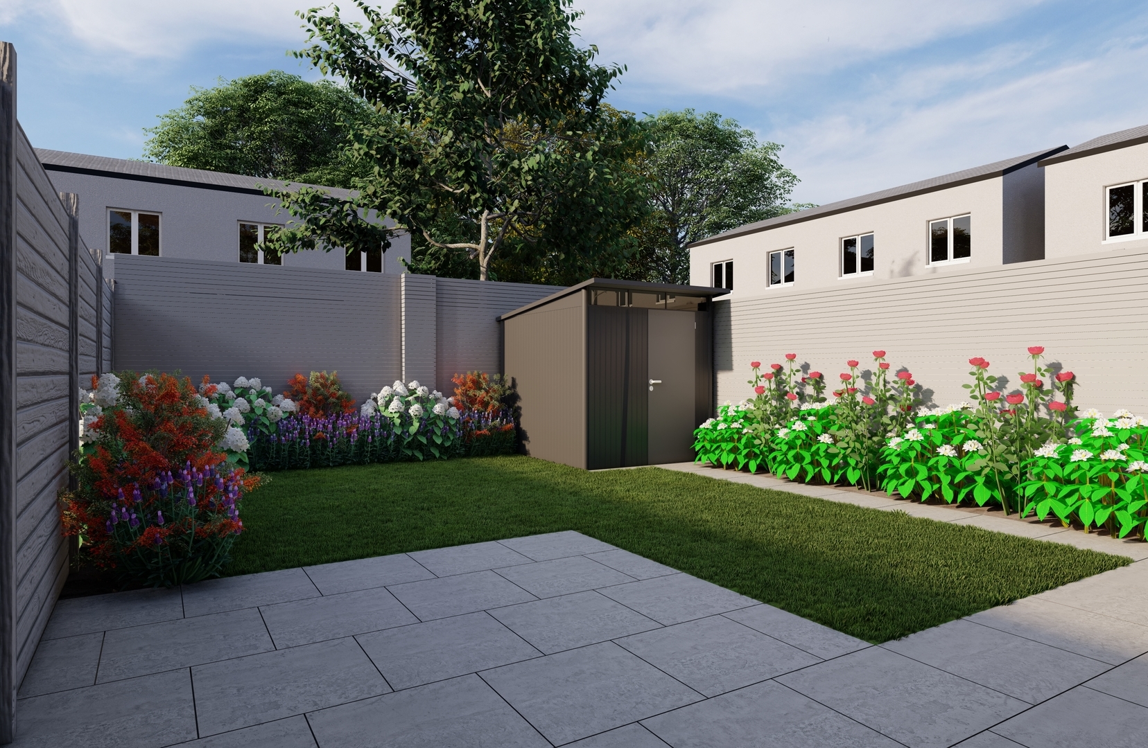 Design Visuals for a Family Garden in Lucan featuring natural grass lawn, limestone paving, Biohort Garden Shed and mixed low maintenance  planting.