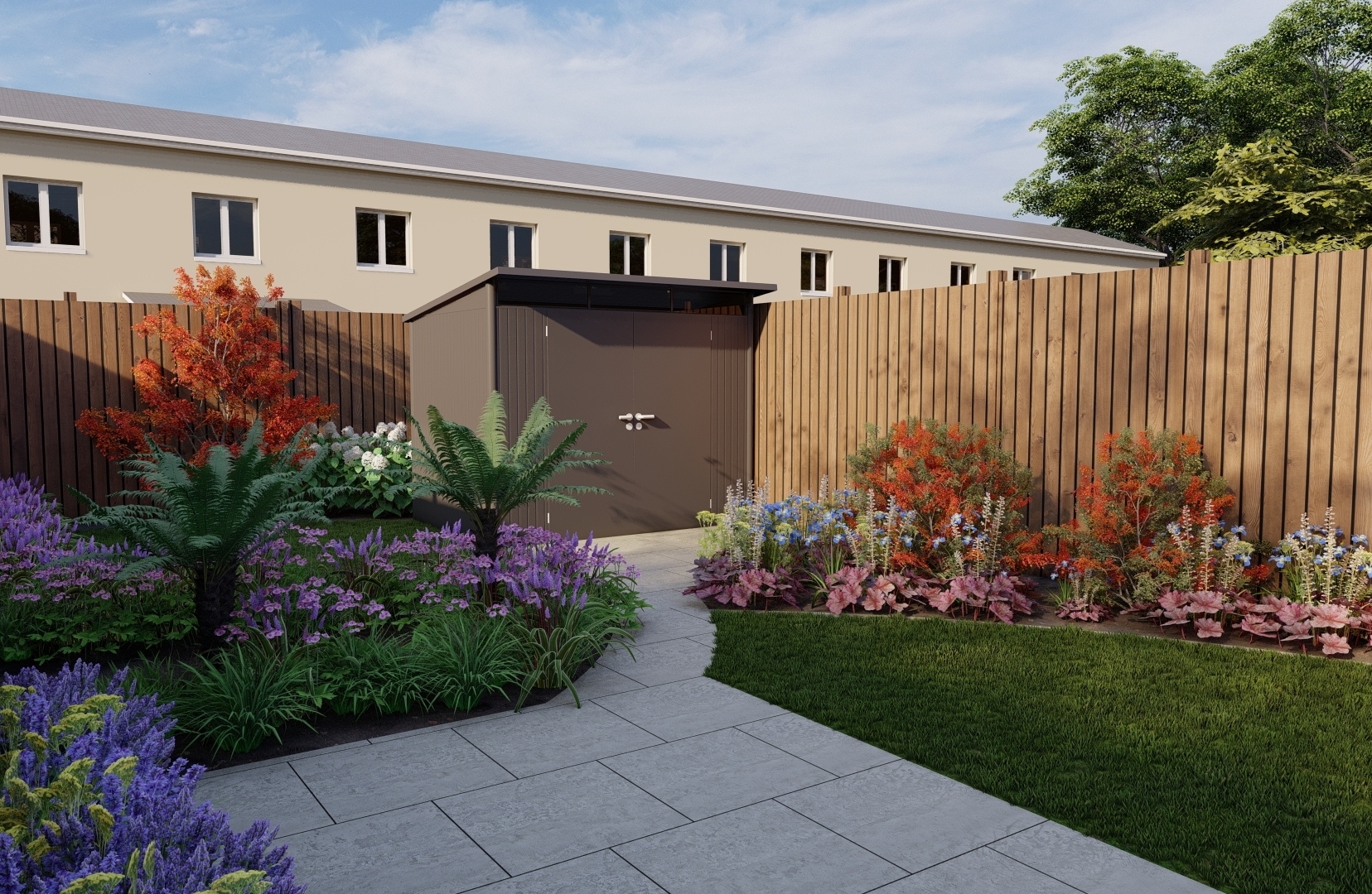Design Visuals for a Family Garden in Ashtown, Dublin 15 featuring natural grass lawn, limestone paving, Biohort Garden Shed and mixed low maintenance  planting.