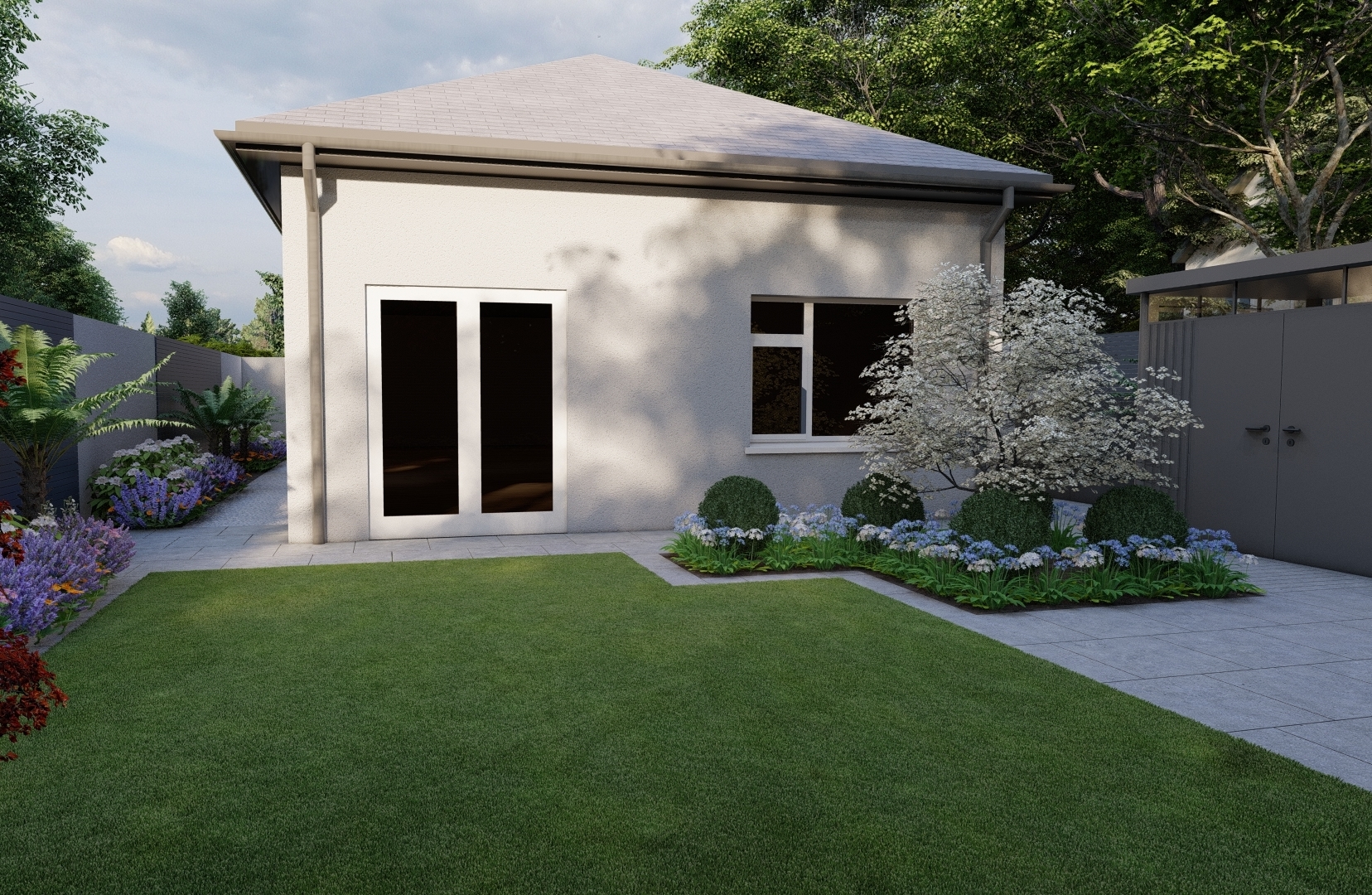 Design Visuals for a Family Garden in Clontarf, Dublin 3 featuring bespoke horizontal timber screening, natural grass lawn, limestone paving, Biohort Garden Shed and mixed low maintenance  planting.