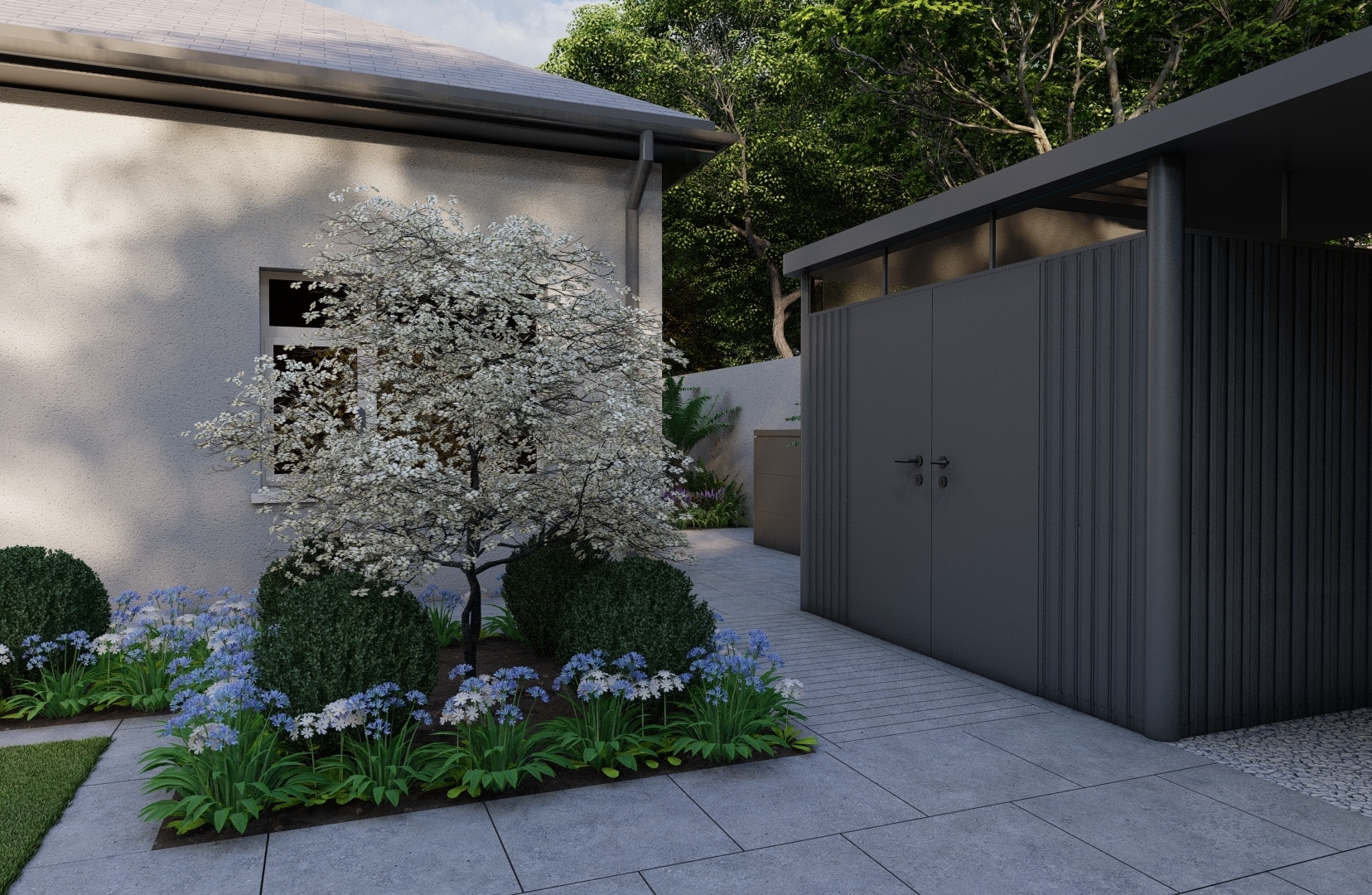 Design Visuals for a Family Garden in Clontarf, Dublin 3 featuring bespoke horizontal timber screening, natural grass lawn, limestone paving, Biohort Garden Shed and mixed low maintenance  planting.