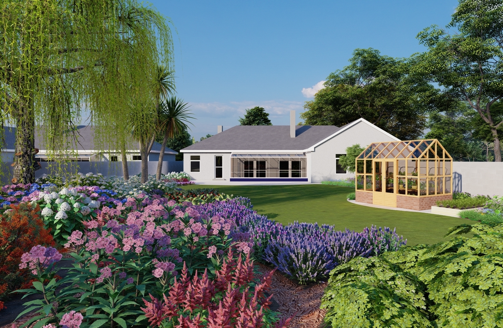 Visuals for a large Family Garden with Greenhouse, Growing Beds, extensive planted borders, beds and 'adventure' trail area featuring planted roundabouts/mounds in Knocklyon. ing bespoke horizontal timber screening, natural grass lawn, limestone paving, Biohort Garden Shed and mixed low maintenance  planting.