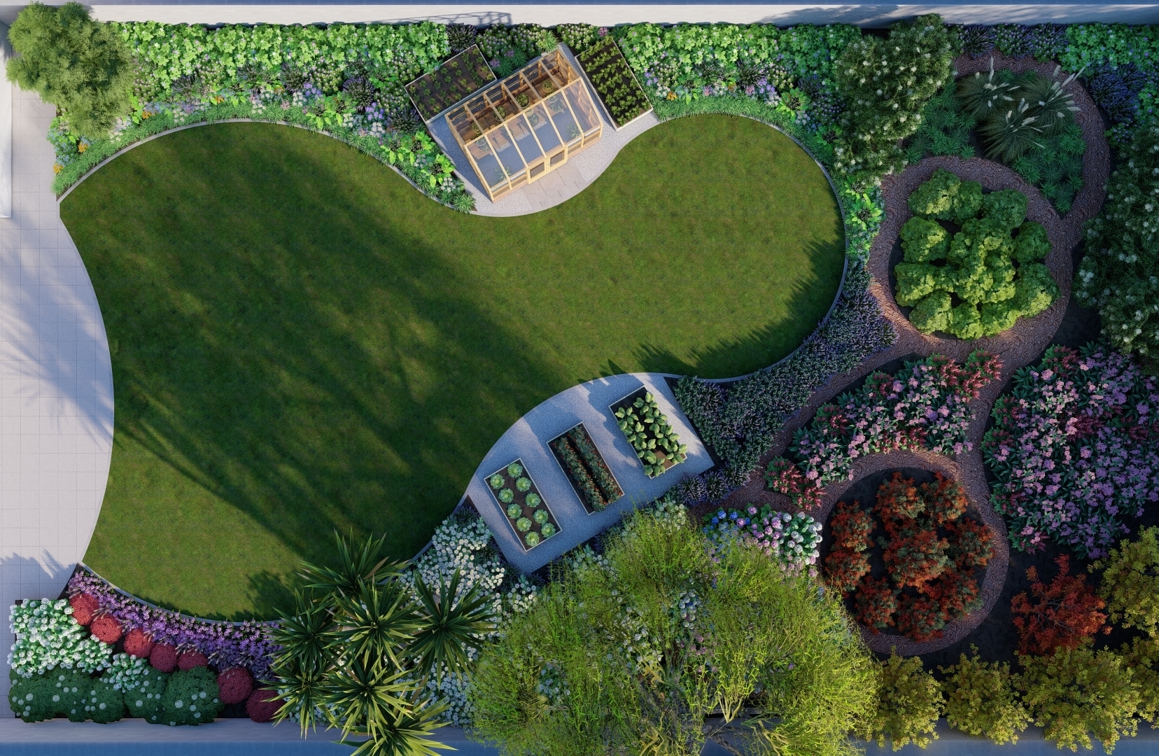 Design Visuals for a large Family Garden with Greenhouse, Growing Beds, extensive planted borders, beds and 'adventure' trail area featuring planted roundabouts/mounds in Knocklyon. ing bespoke horizontal timber screening, natural grass lawn, limestone paving, Biohort Garden Shed and mixed low maintenance  planting.