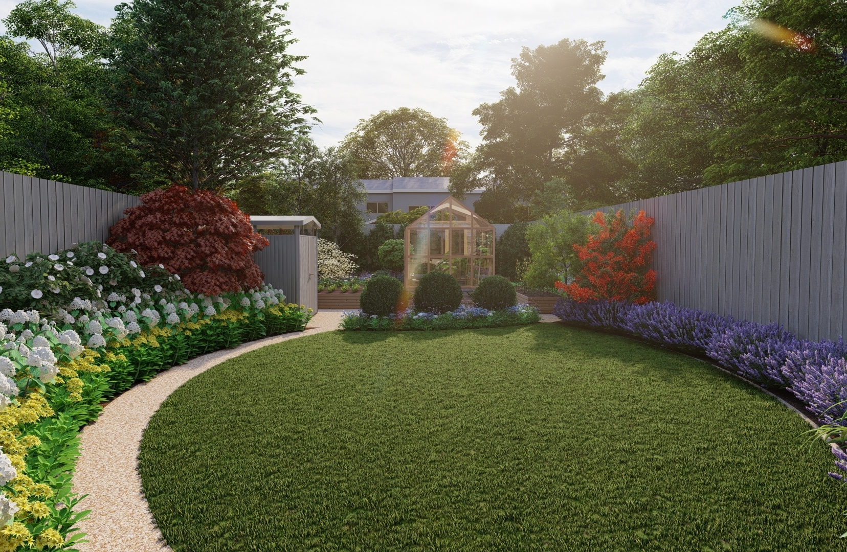 Design Visuals for a large Family Garden in Dundrum, Dublin 18. Design features Gabriel Ash Greenhouse, Growing Beds, Biohort Garden Shed and extensive planted borders.