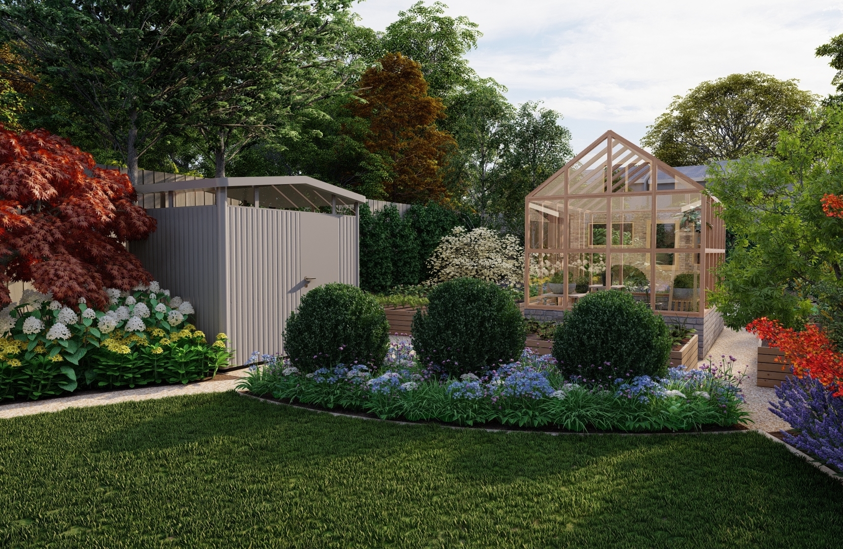 Design Visuals for a large Family Garden in Dundrum, Dublin 18. Design features Gabriel Ash Greenhouse, Growing Beds, Biohort Garden Shed and extensive planted borders.