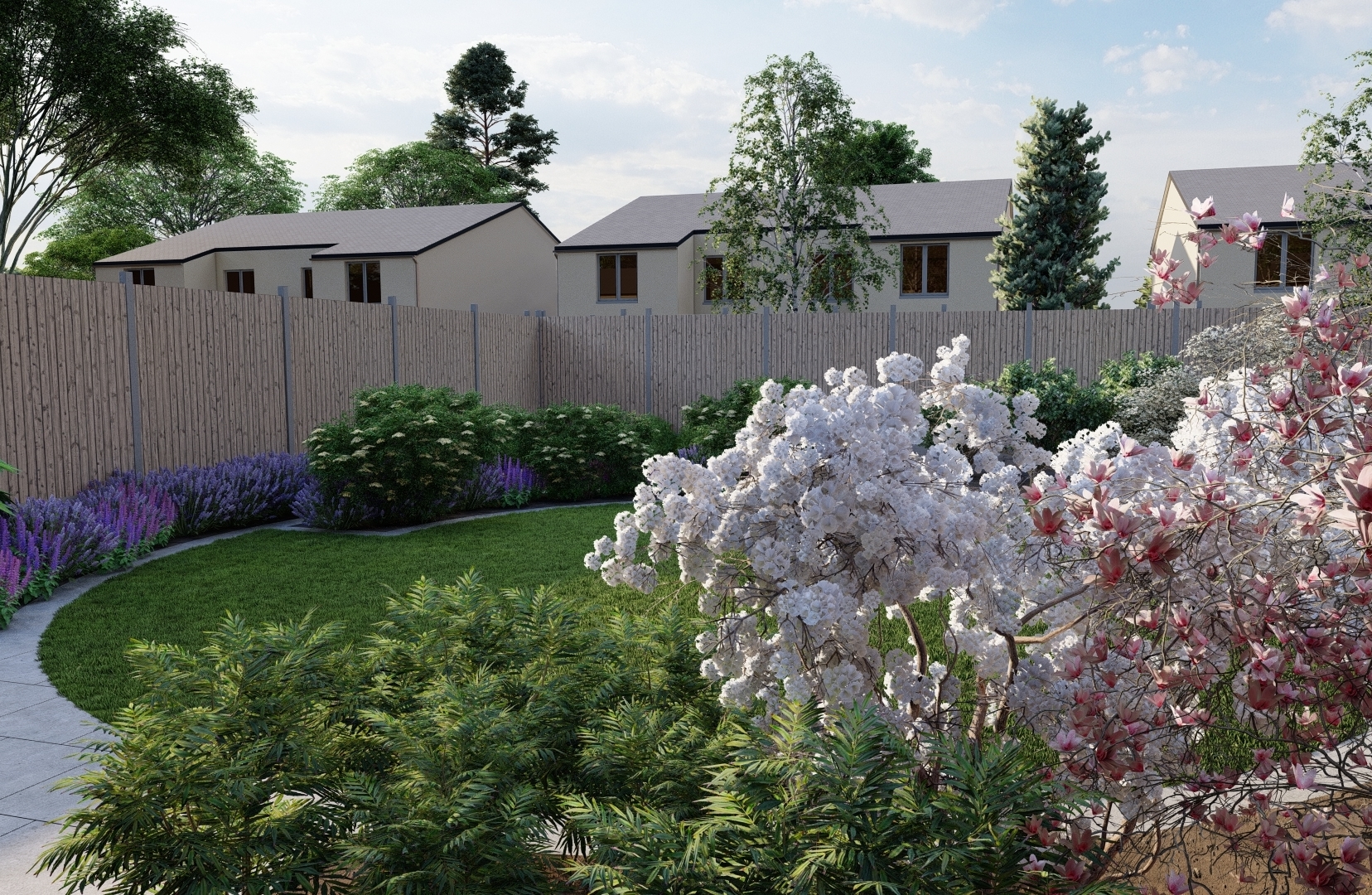 Design Visuals for a large Family Garden in Delgany, Co Wicklow,  featuring several garden elements including Biohort Garden Shed  & Bin Storage, expansive lawn framned by mixed planting borders and a sunken patio area.