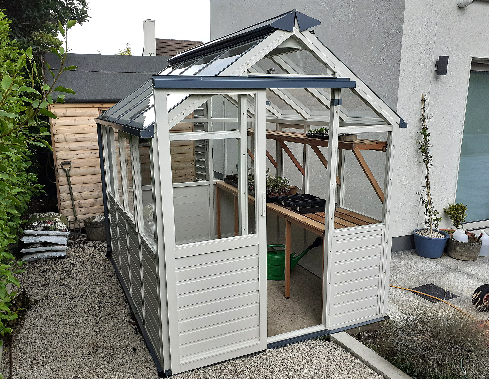 Classic Six (6 x 8) Greenhouse with painted finish installation in Clonskeagh, Dublin 14 | Supplied + fitted by Owen Chubb Garden Landscapers