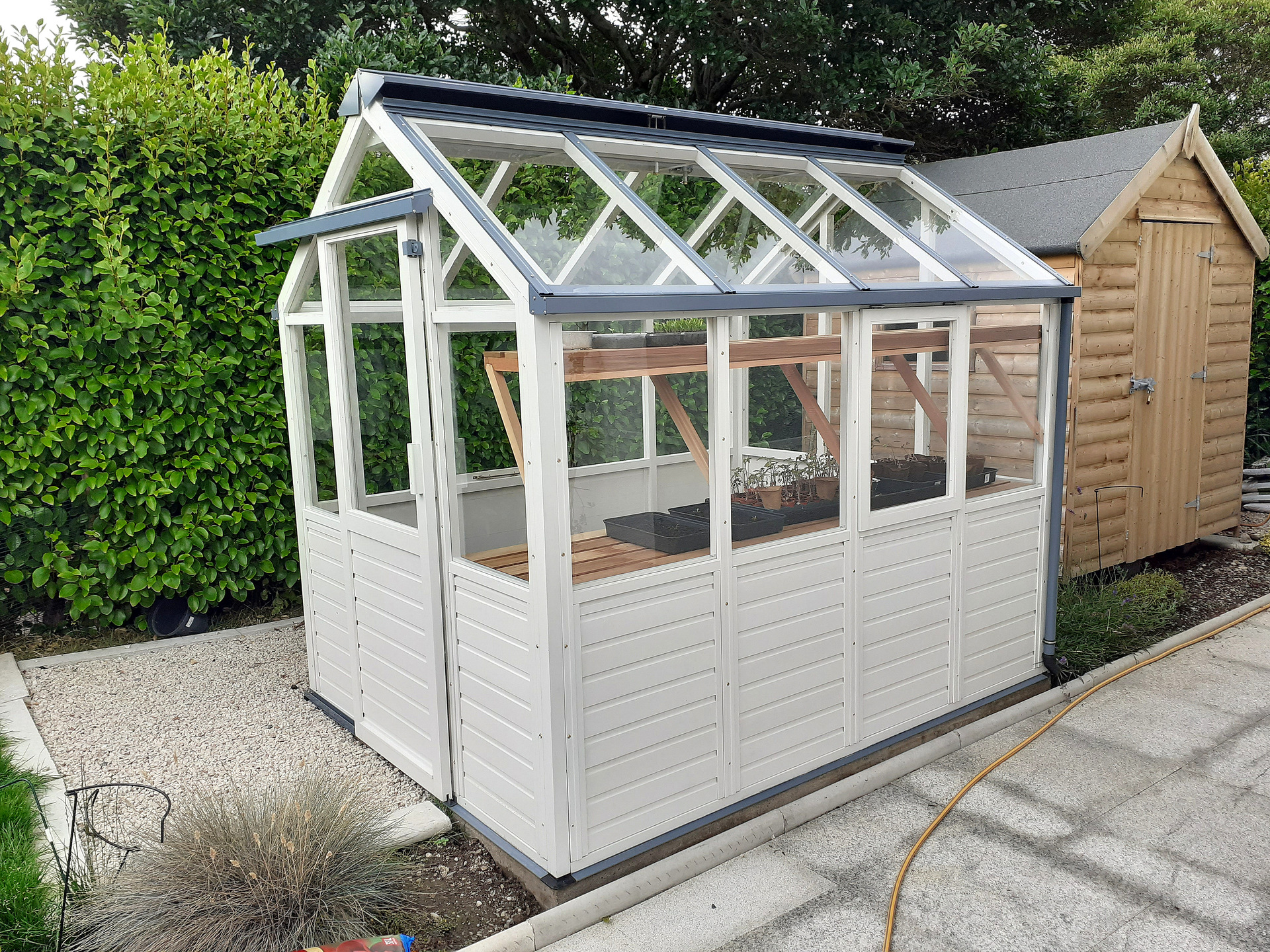 Classic Six (6 x 8) Greenhouse with painted finish installation in Clonskeagh, Dublin 14 | Supplied + fitted by Owen Chubb Garden Landscapers