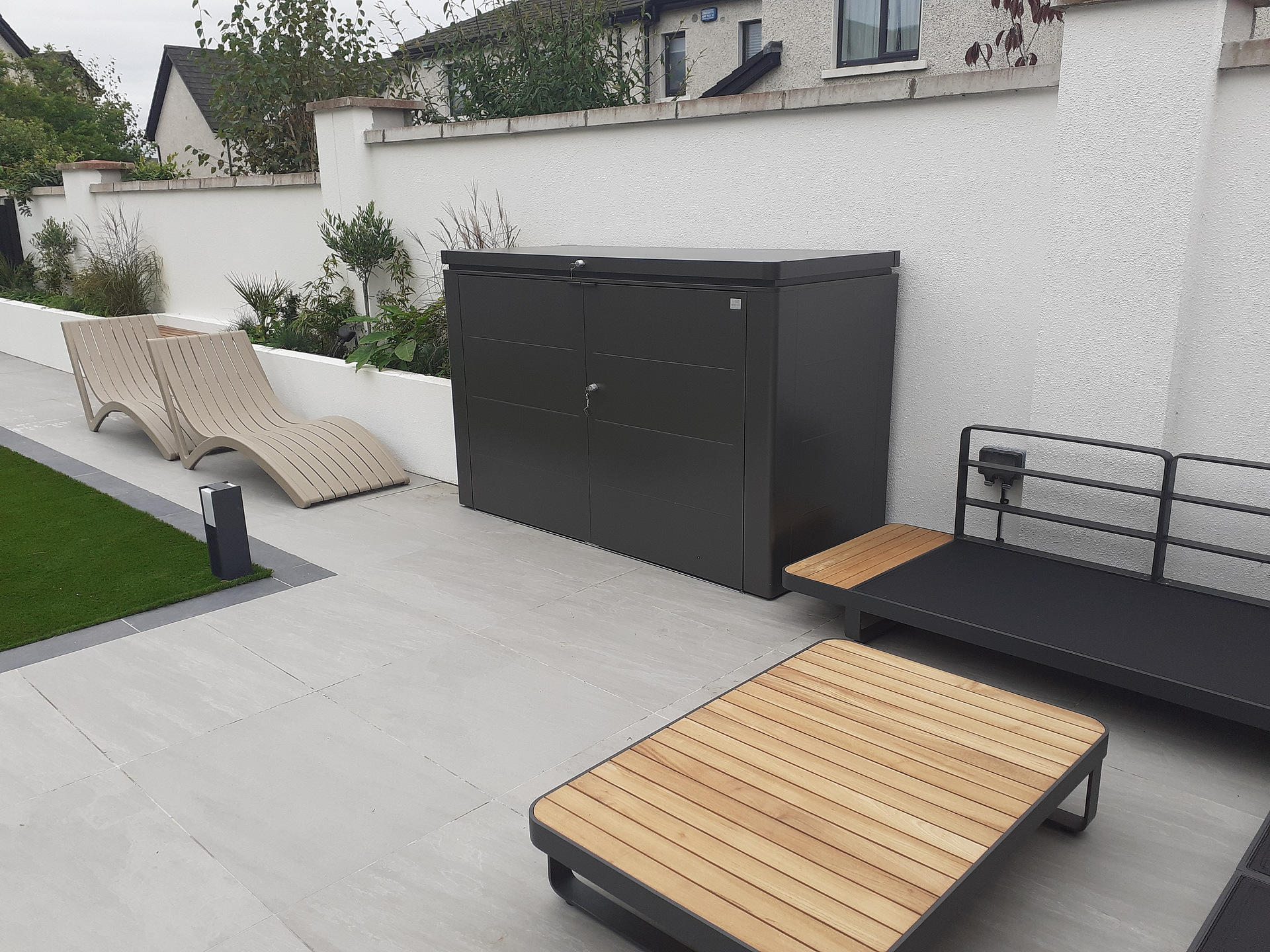 Exceptionally stylish & maintenance free, the  Biohort HighBoard 200 Garden Patio Storage Unit in metallic dark grey |  Supplied + Fitted in Wexford by Owen Chubb Garden Landscapers