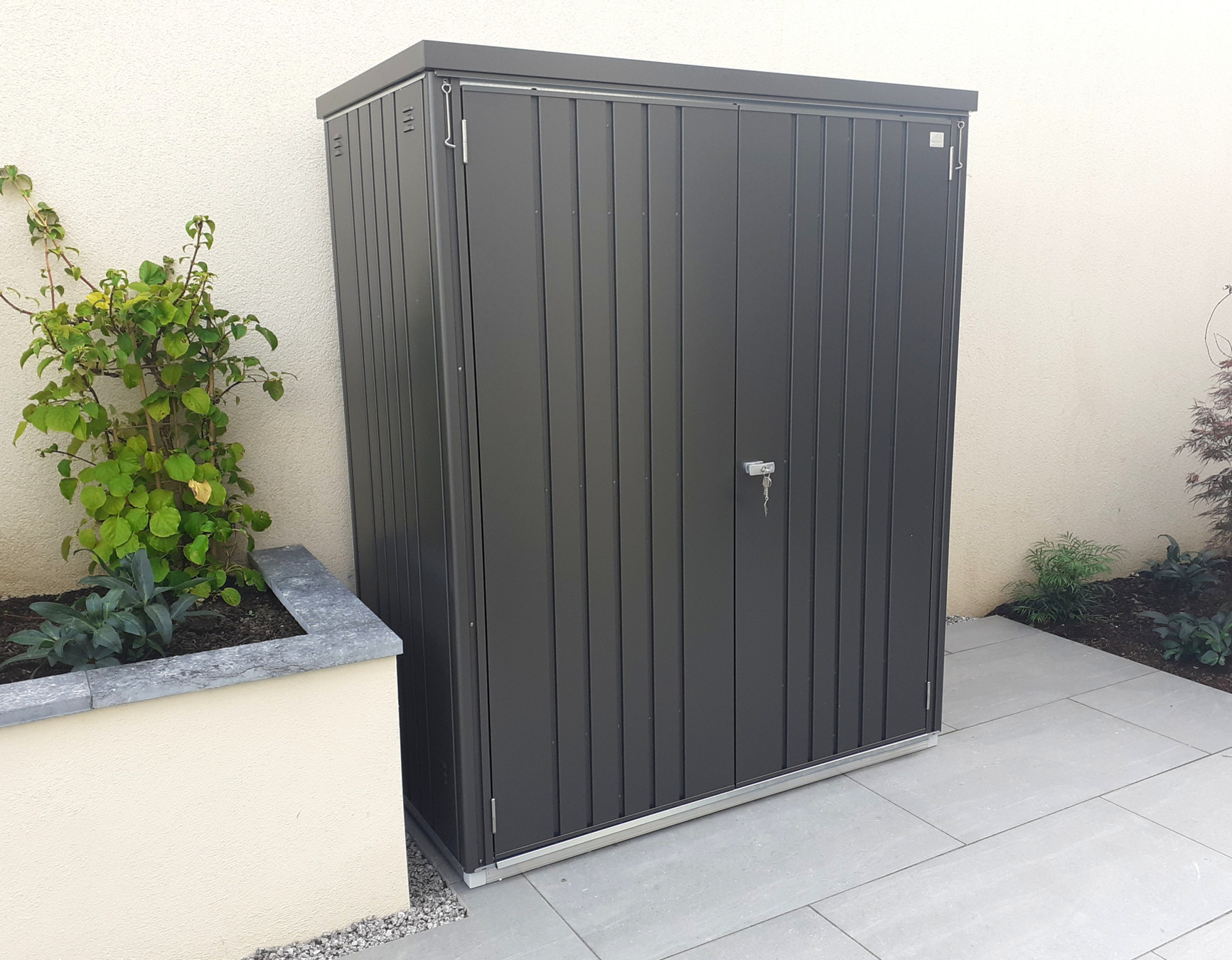The superb quality and style of the Biohort Equipment Locker 150 in metallic dark grey  with optional accessories including aluminium floor frame, aluminium floor panels | supplied + installed in Mount Merrion, Co Dublin