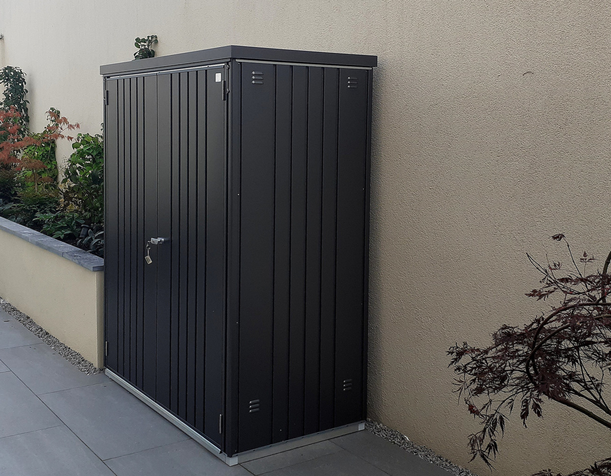 Biohort Equipment Locker 150 in metallic dark grey | premium quality steel storage shed for patio & garden | Supplied & Fitted by Owen Chubb in Mount Merrion,  Co Dublin | Tel 087-2306 128