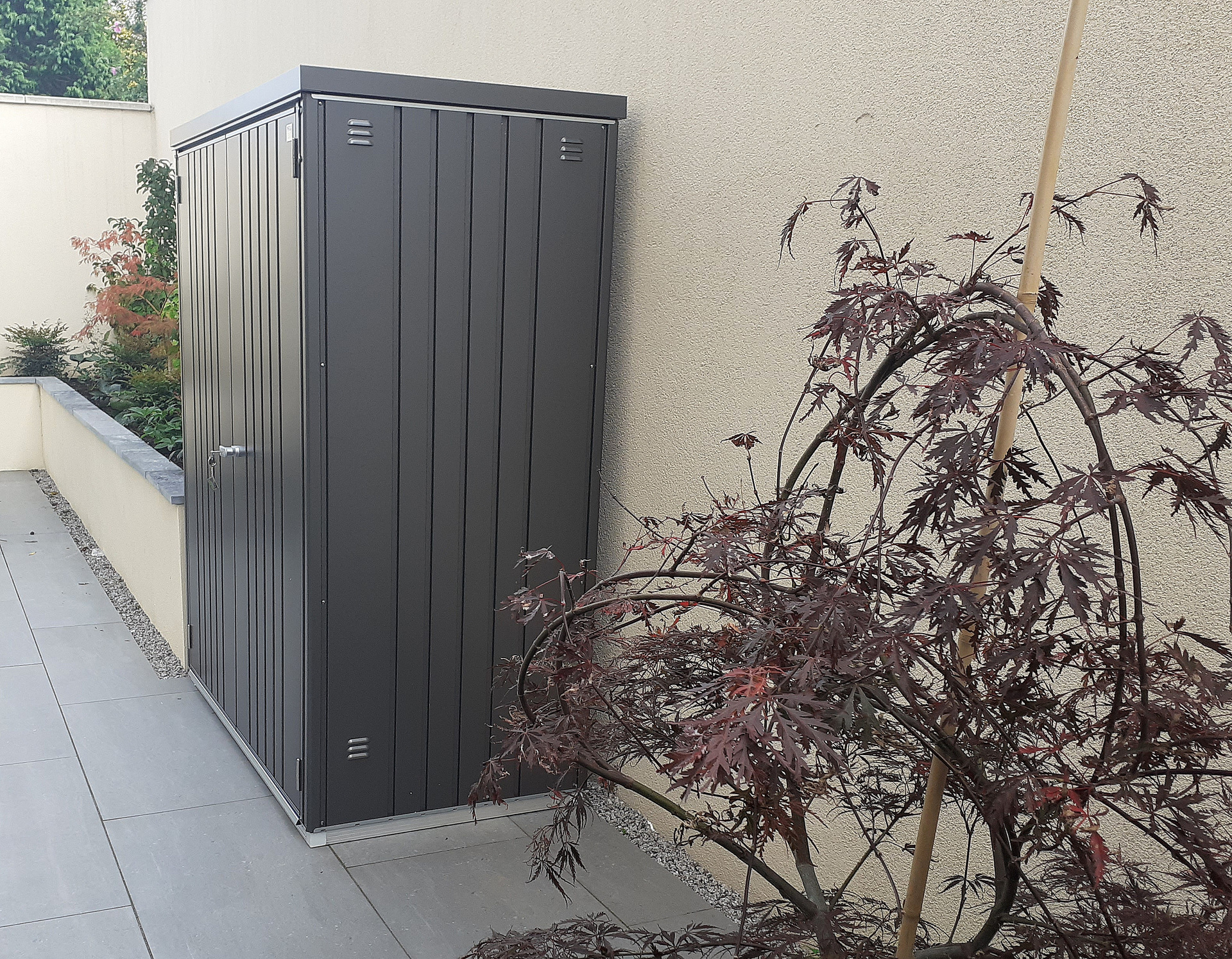 Biohort Equipment Locker 150 in metallic dark grey | premium quality steel storage shed for patio & garden | Supplied & Fitted by Owen Chubb in Mount Merrion,  Co Dublin | Tel 087-2306 128