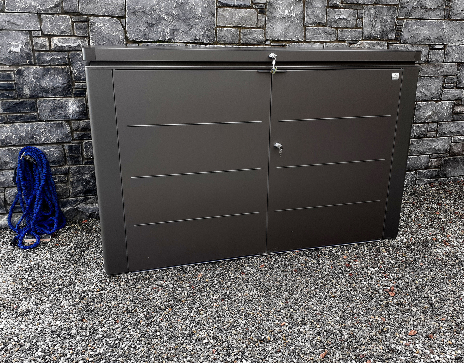 Biohort HighBoard 200 Bike Storage Unit in metallic dark grey - supplied + fitted in Skerries, Co Dublin.