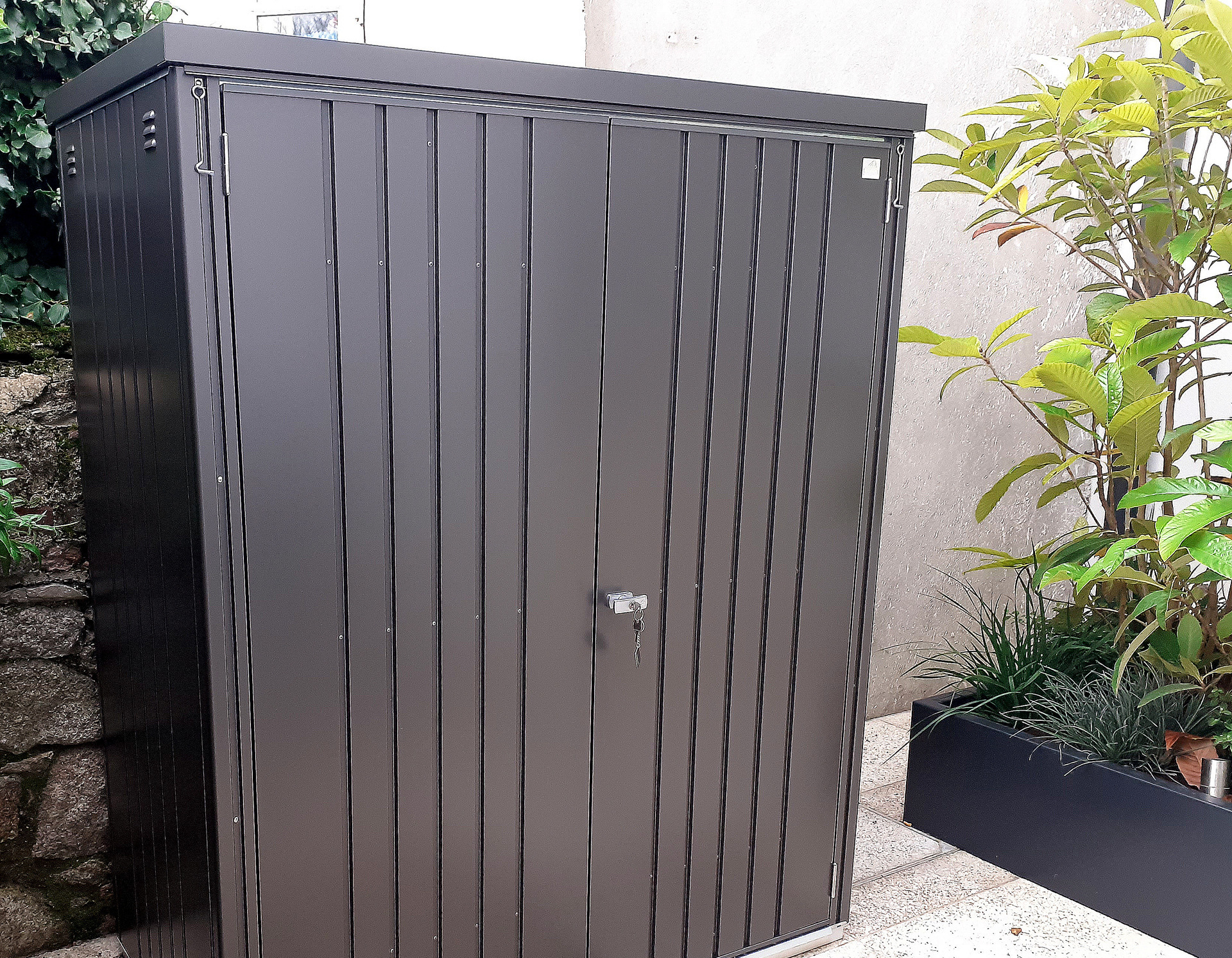 Biohort Equipment Locker 150 in metallic dark grey | premium quality steel storage shed for patio & garden | Supplied & Fitted by Owen Chubb in Donnybrook, Dublin 4  | BEST PRICES in Dublin | Tel 087-2306 128