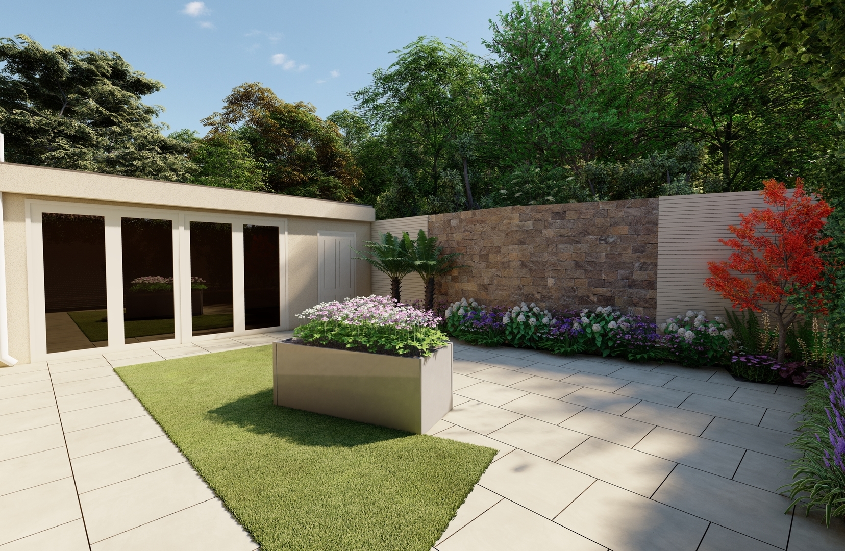 Garden Design for Family Garden in Glenageary, Co Dublin featuring Egyptian Limestone, Bespoke Horizontal Timber Slat Fencing, Natural Stone Wall Cladding, Mature Planting & Outdoor LED Garden Lighting