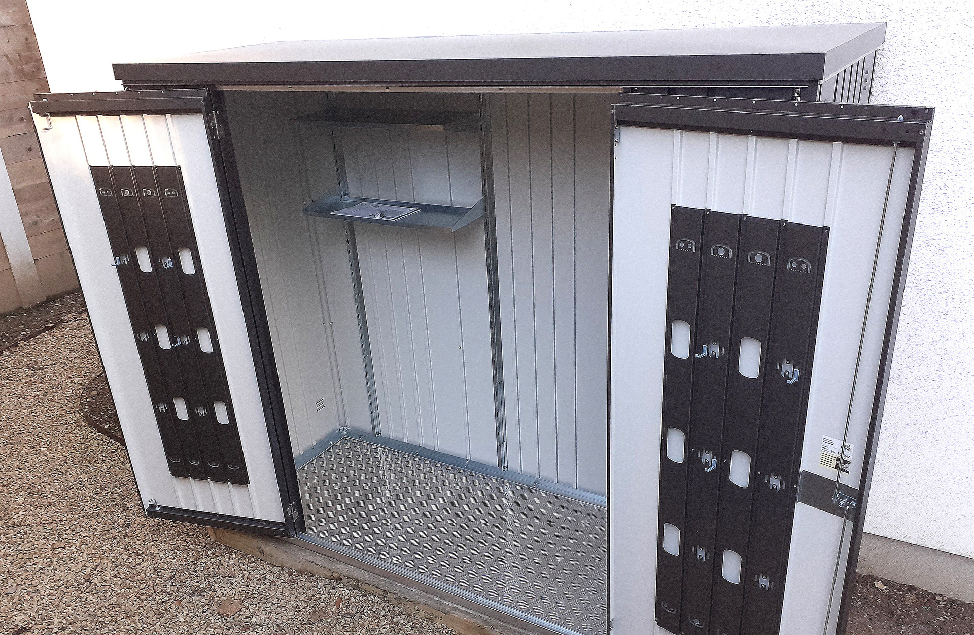 Biohort Equipment Locker 230 in metallic dark grey | premium quality steel storage shed for patio & garden | Supplied & Fitted by Owen Chubb in Enniskerry, Co Wicklow  | BEST PRICES in Ireland | Tel 087-2306 128