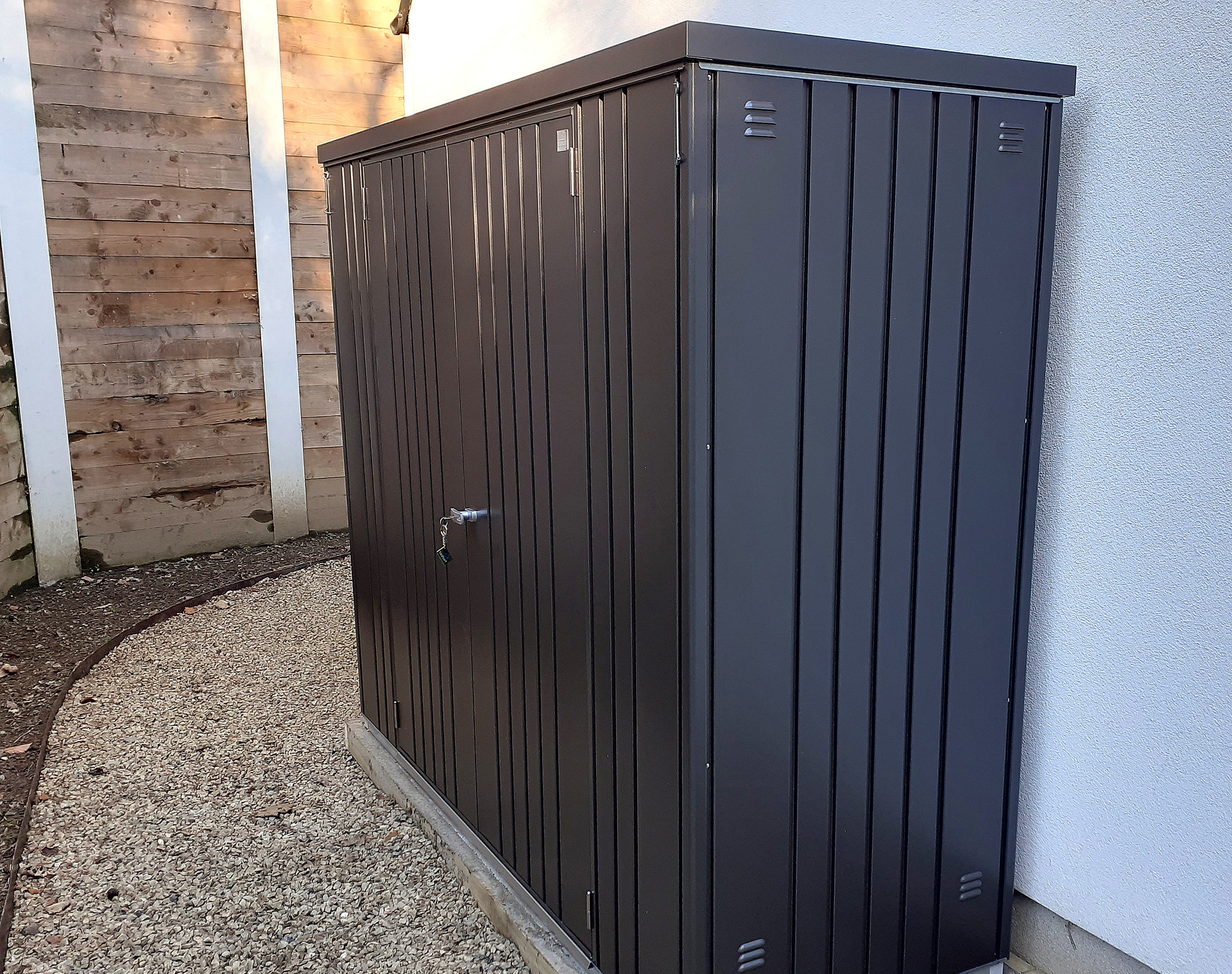 Biohort Equipment Locker 230 in metallic dark grey, supplied + fitted in Enniskerry, Co Wicklow | Stylish, Versatile, Secure & Rainproof Compact Garden Storage Solution