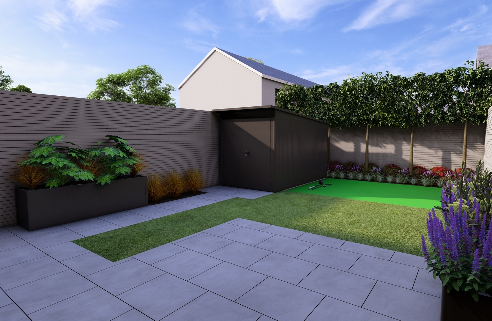 Garden Design for a modest size new low maintenance styled garden in Shankill, features Bespoke Horizontal timber slats with painted finish, Biohort AvantGarde Garden Shed & Biohort Belvedere Planters, specimen Pleached Evergreen Oak trees, a putting green, artificial lawn, colourful planting and limestone paving.
