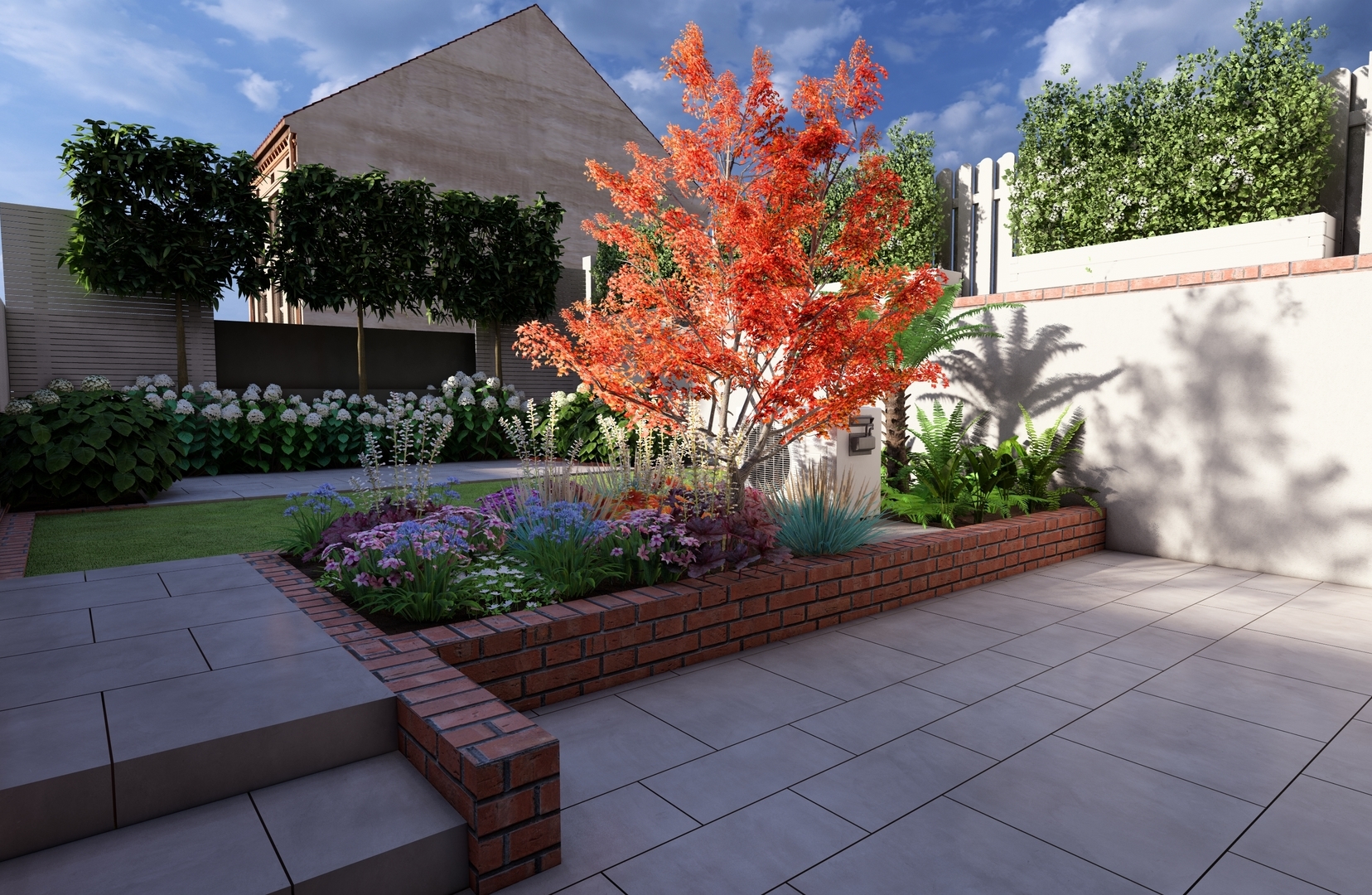 Garden Design for a modest size new split level garden in Kimmage, Dublin 6W with emphasis on a natural outdoor area with modest grass lawn area and plenty of colourful seasonal plant displays throughout the year.