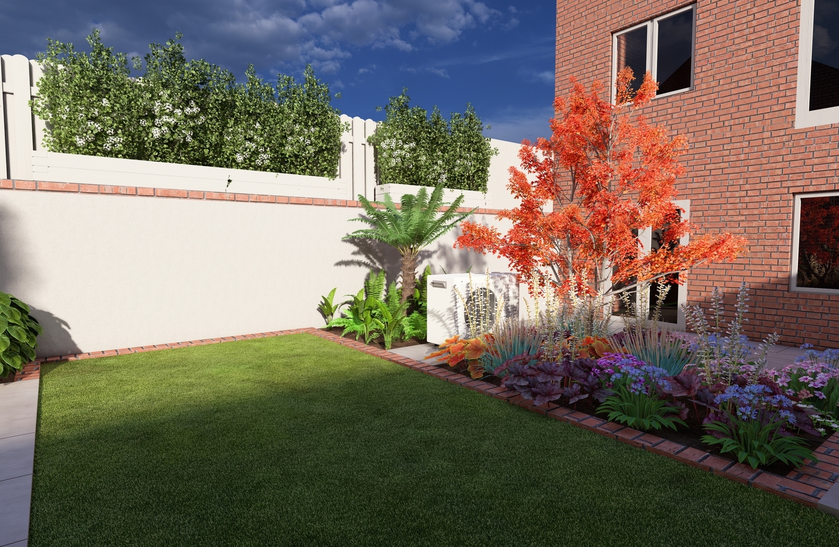 Garden Design for a modest size new split level garden in Kimmage, Dublin 6W with emphasis on a natural outdoor area with modest grass lawn area and plenty of colourful seasonal plant displays throughout the year.