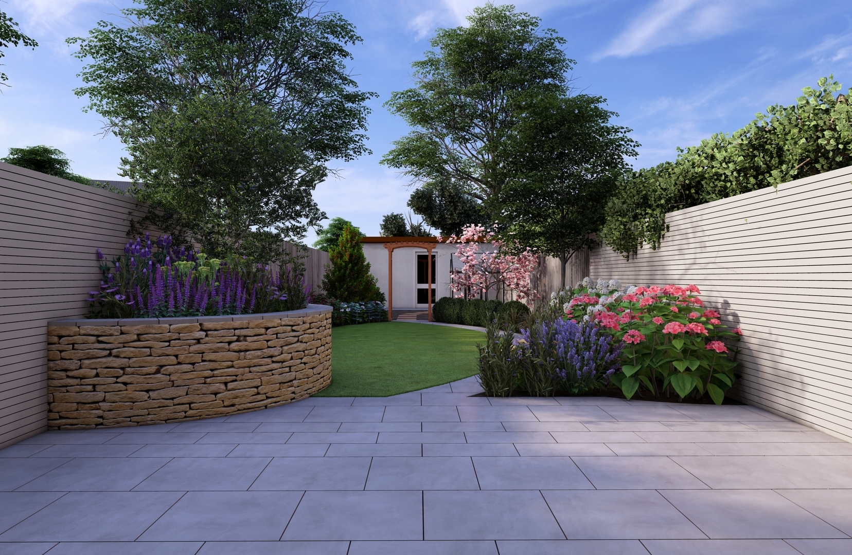 Garden Design Dublin D6W features natural limestone paving, bespoke horizontal timber slat fencing, natural drystone Raised Planter, specimen trees and colourful perennial planted borders.