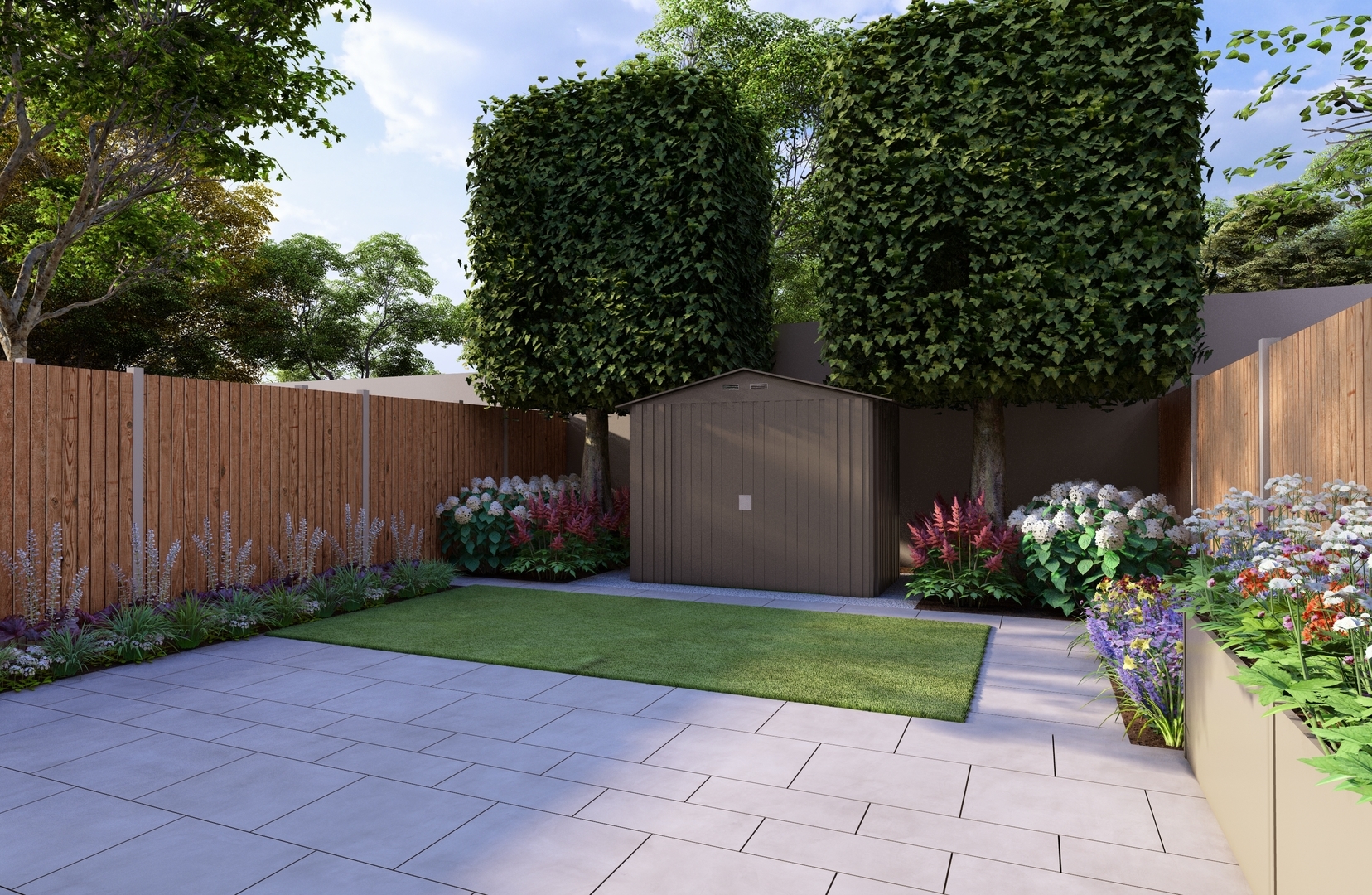 Garden Design Dublin 9 features natural limestone paving, Biohort Garden Shed & Belvedere Planter Beds, mature pleached trees and colourful perennial planted borders.