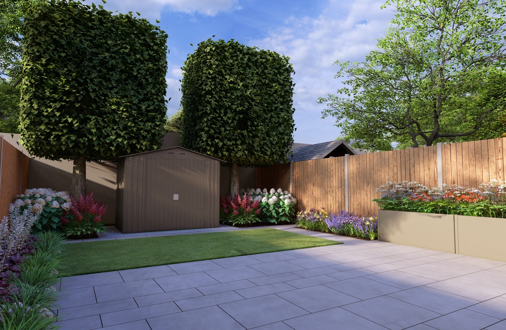 Garden Design Dublin 9 features natural limestone paving, Biohort Garden Shed & Belvedere Planter Beds, mature pleached trees and colourful perennial planted borders.