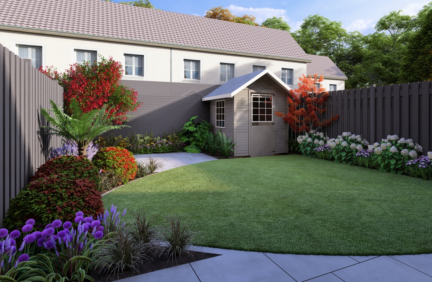 Garden Design Dublin 9 for a compact size family garden features natural limestone paving, bespoke horizontal slat fencing, artificial lawn, specimen trees & shrubs, and colourful mixed planted borders.