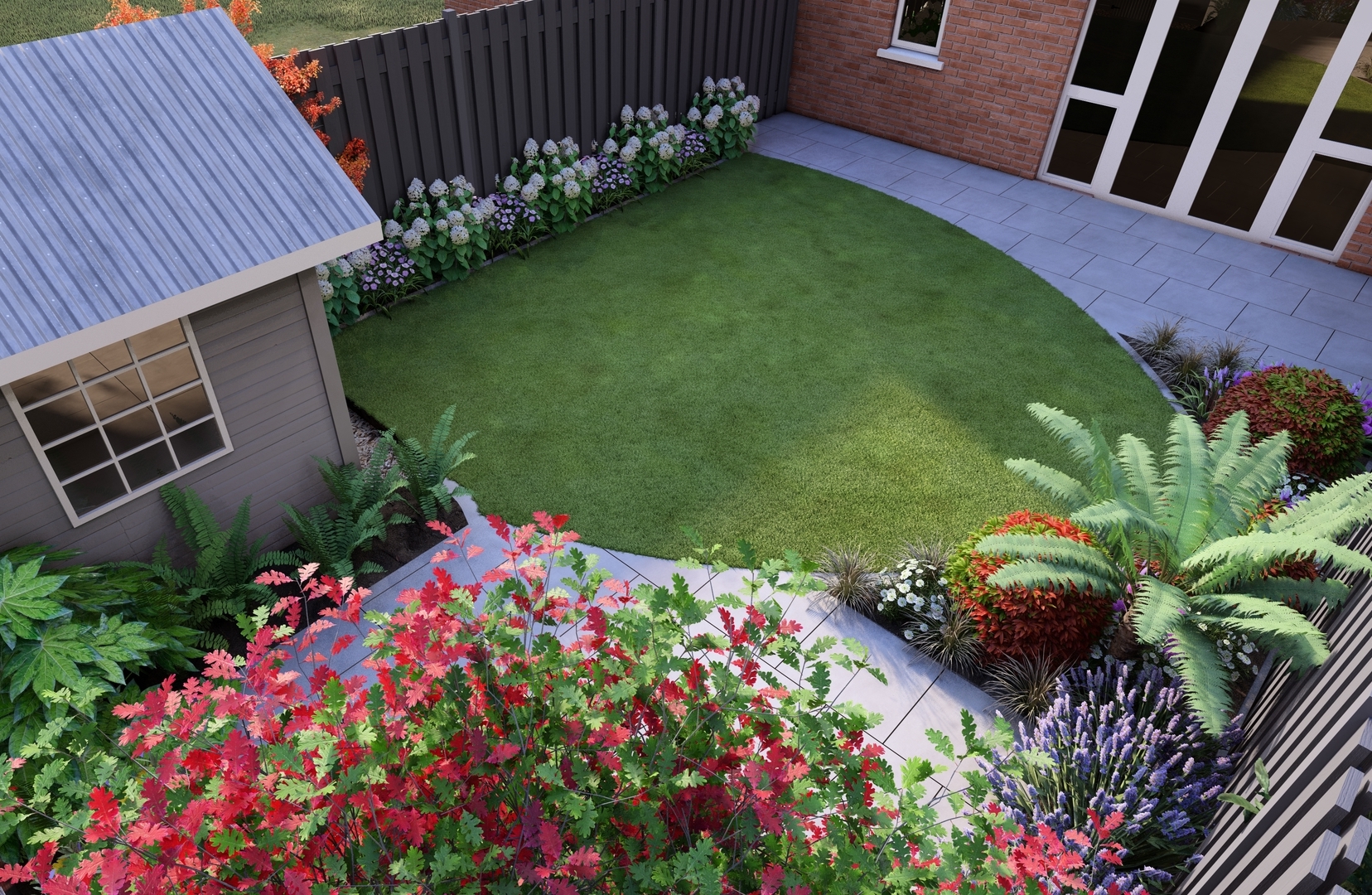 Garden Design Dublin 9 for a compact size family garden features natural limestone paving, bespoke horizontal slat fencing, artificial lawn, specimen trees & shrubs, and colourful mixed planted borders.