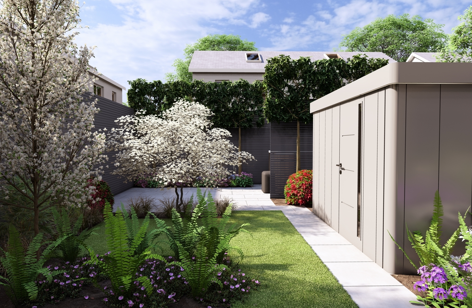 Garden Design Portmarnock, Dublin 13 with the emphasis on a colourful, versatile & private outdoor space  |  Owen Chubb Garden Design, Tel 087-2306 128