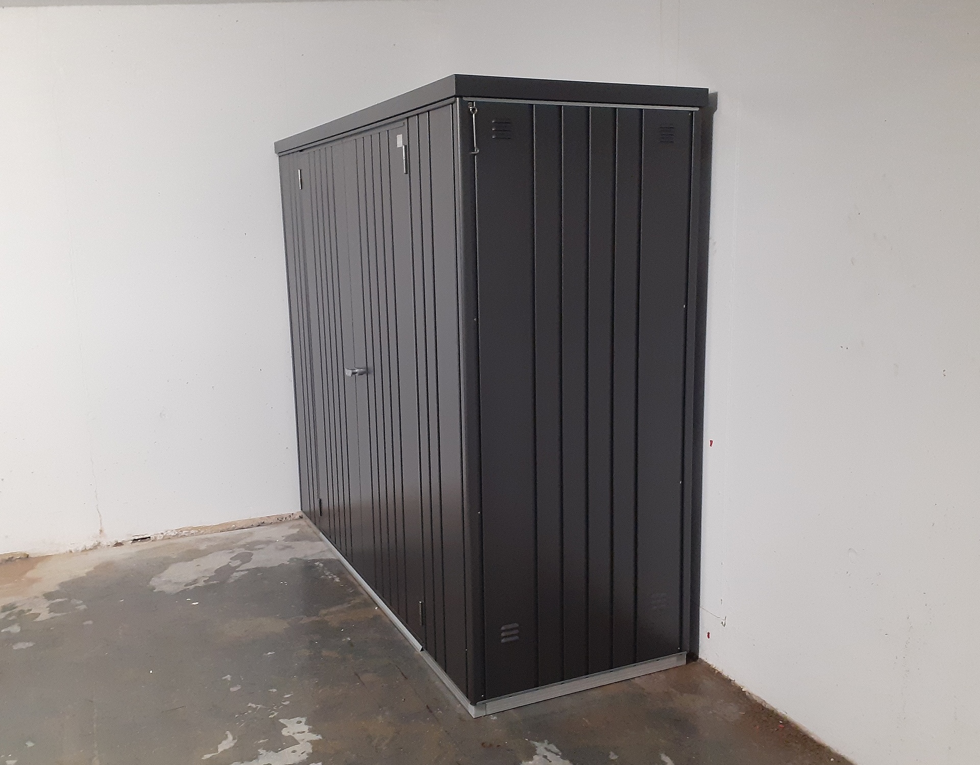 Biohort Equipment Locker 230 in metallic dark grey | premium quality steel storage shed for patio & garden | Supplied & Fitted by Owen Chubb in Galway | BEST PRICES in Ireland | Tel 087-2306 128