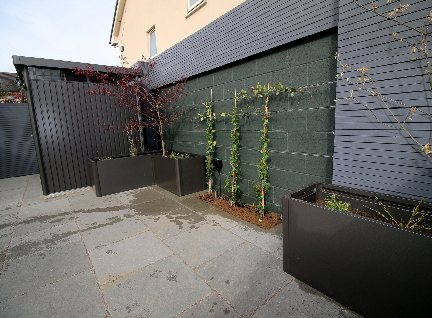 Bespoke Horizontal Timber Slat Fencing  with painted finish | Supplied + Fitted in Castleknock, Dublin 15 by Owen Chubb Landscapers, Tel 087-2306 128.