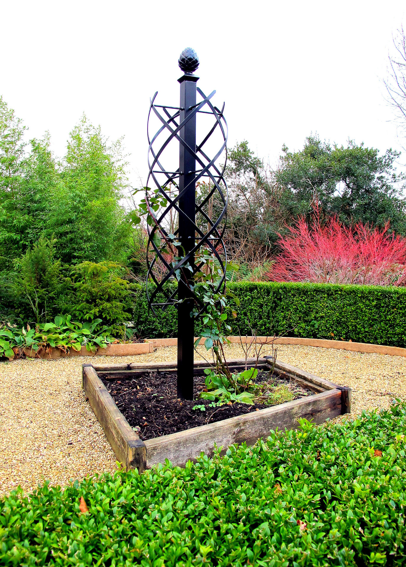 Charleston Rose Pillar, powder coated galvanized steel, supplied + fitted by Owen Chubb Garden Landscapers.