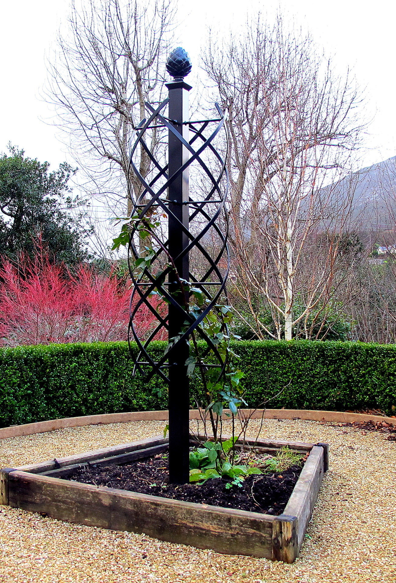 Charleston Rose Pillar, powder coated galvanized steel, supplied + fitted by Owen Chubb Garden Landscapers.